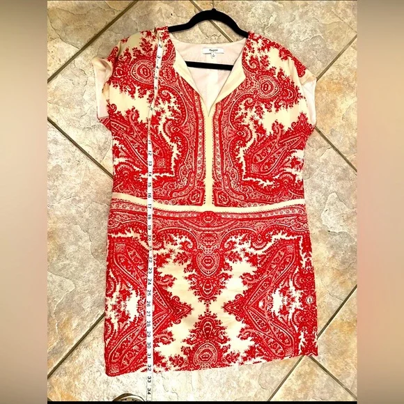 EUC *Madewell* Women's 100% Silk Tan Red Paisley Print Tunic Dress S - Picture 3 of 4